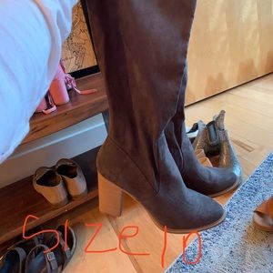 Gray knee high heeled boots